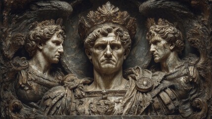 Fototapeta premium Statue of Emperor Trajan featuring intricate war scenes on the pedestal