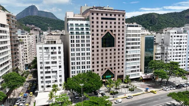 Marriott Hotel In Copacabana Beach Rio De Janeiro Brazil. Aerial View Of Skyscraper And Busy Traffic In The City Street. Business Sky Clouds Downtown Cityscape. Business Backgrounds Panoramic.