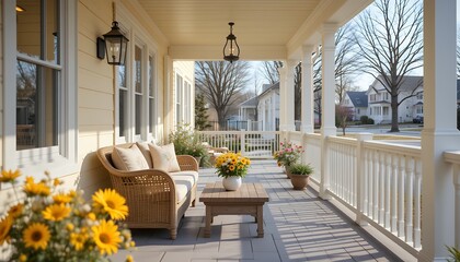 Fototapeta premium Cozy front porch with wicker furniture and vibrant yellow flowers in a suburban neighborhood