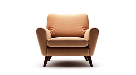 Cozy beige armchair with rounded arms and wooden legs, isolated on white background