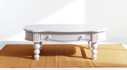 Chic white coffee table with turned legs on a woven rug, in bright sunlight