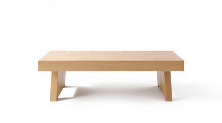 Minimalist wooden coffee table with angled legs on white background