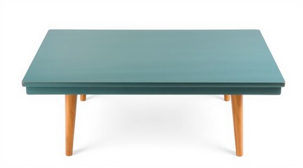 Teal rectangular table with wooden legs on white background