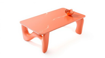 Modern orange table with curved legs and decorative bowl on white background
