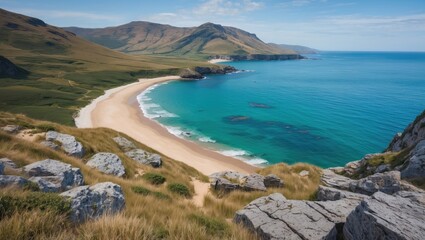 A scenic beach with white sands along the coastline, surrounded by grassy hills and rocky terrain, with a calm blue sea extending into the horizon.