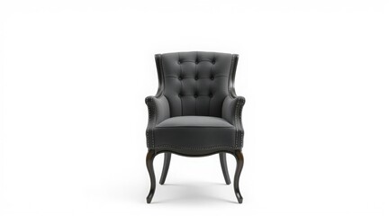 Elegant black tufted armchair with curved wooden legs on a white background