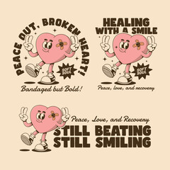 Retro Heart Cartoon Set with Peace Signs and Uplifting Quotes