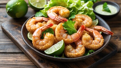 Fototapeta premium Fresh breaded shrimp with lime wedges, lettuce, and dipping sauce on a wooden serving board.