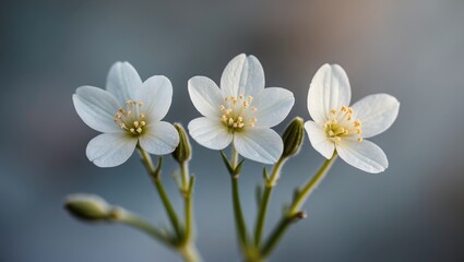 Fototapeta premium Three white flowers with light petals and yellow stamens on green stems, close-up shot, with a blurred background.