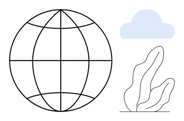 Globe with grid lines, soft blue cloud, simple abstract plant outline for sustainability, technology, environment, global communication, climate awareness, education, modern logos and simple landing