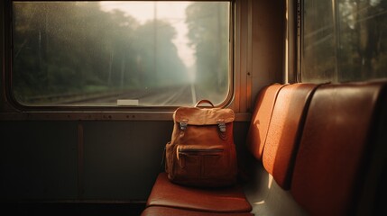 Vintage style leather backpack on red bus seat with soft morning light through dusty window perfect for student lifestyle visuals, school travel scenes and nostalgic transportation themes