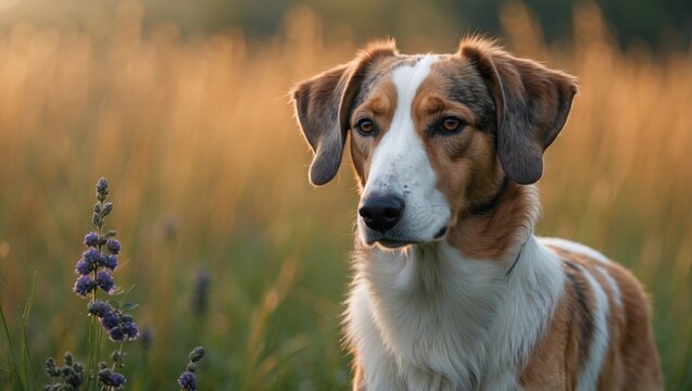 A dog in a grassy field with purple flowers, captured during sunset or sunrise. - Powered by Adobe