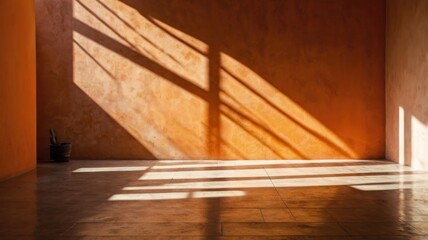 Empty Orange Interior Wall With Natural Shadow Patterns And Sunlight Reflection	
