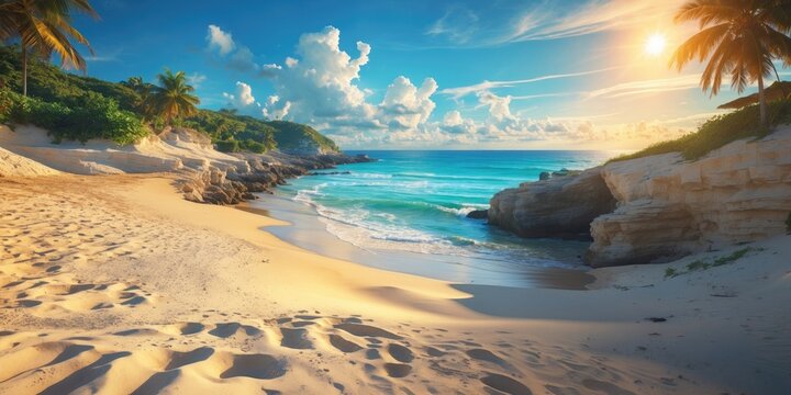 Tropical beach scene with golden sand, palm trees, blue ocean, rocky formations, and a bright sunrise or sunset over the horizon.
