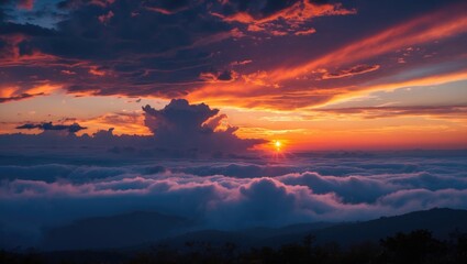 Sunset over mountains with clouds and colorful sky.