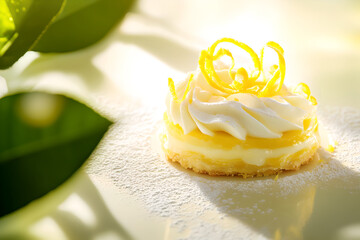 Delicious layered lemon pie with whipped cream and lemon zest topping with leaf of plant on front. Sweet dessert for bakeries or recipe blogs. Bright and refreshing taste of food