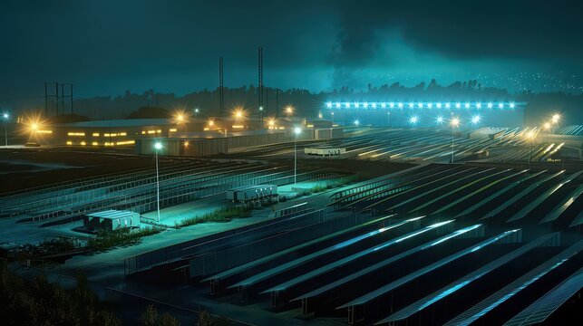 Aerial view of a solar panel farm at night with bright lights illuminating the area and the sky