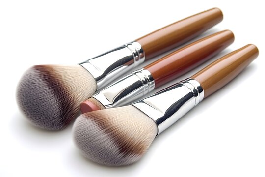 Three Professional Makeup Brushes Closeup on White Background