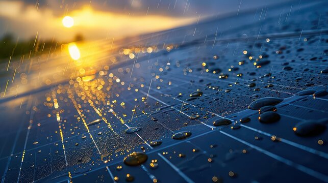 Solar panel with raindrops and sunset reflecting on the surface during a rainy day outdoors - Powered by Adobe