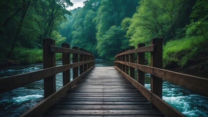Obraz premium Wooden bridge over a river in a lush green forest with trees and water, natural landscape scenic view.