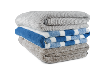 Soft fluffy striped grey and blue bath towels folded in stack isolated on white, transparent background. Terry cloth, striped pattern towel texture, cotton textile microfiber beach towel material