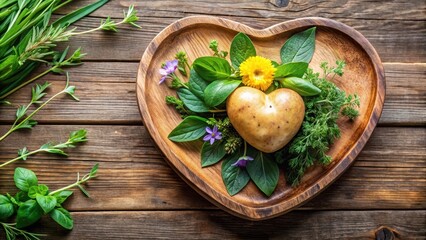 A delicious heart-shaped potato spud sitting on a wooden plate surrounded by fresh herbs and edible flowers , organic, kitchen