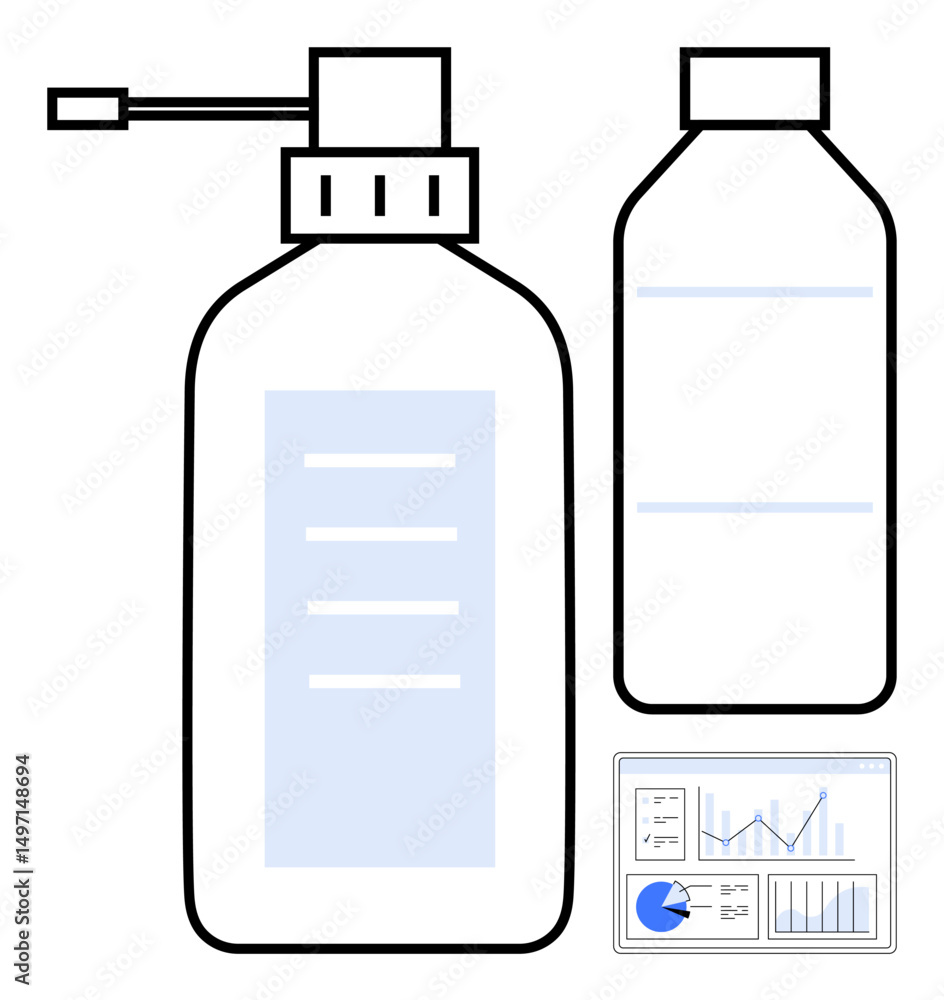 Poster transparent pump bottle, plain container, and data dashboard with bar graph and pie chart. ideal for