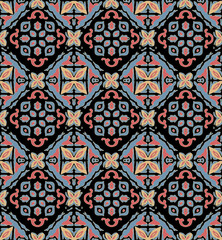 Seamless Black Ornamental Tile Pattern with Coral, Blue, and Yellow Accents for Textile and Surface Design