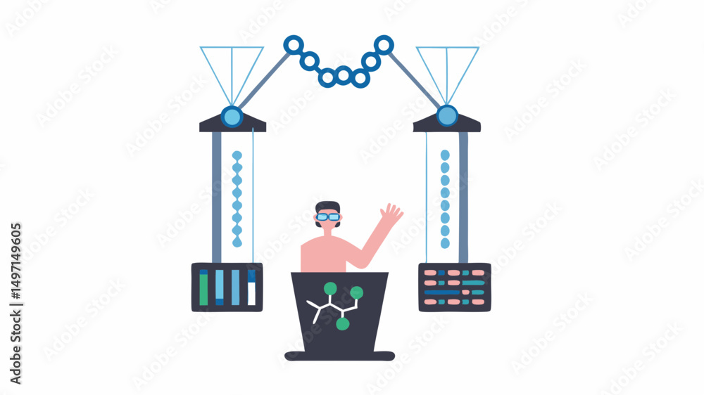Poster person in vr interacting with a futuristic machine with conveyor belt and molecule interface design