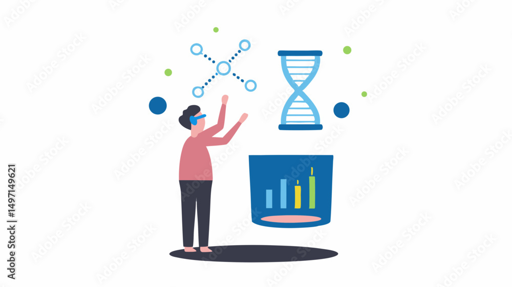 Aufkleber person in vr headset interacting with virtual data visualization including dna hourglass and bar gra