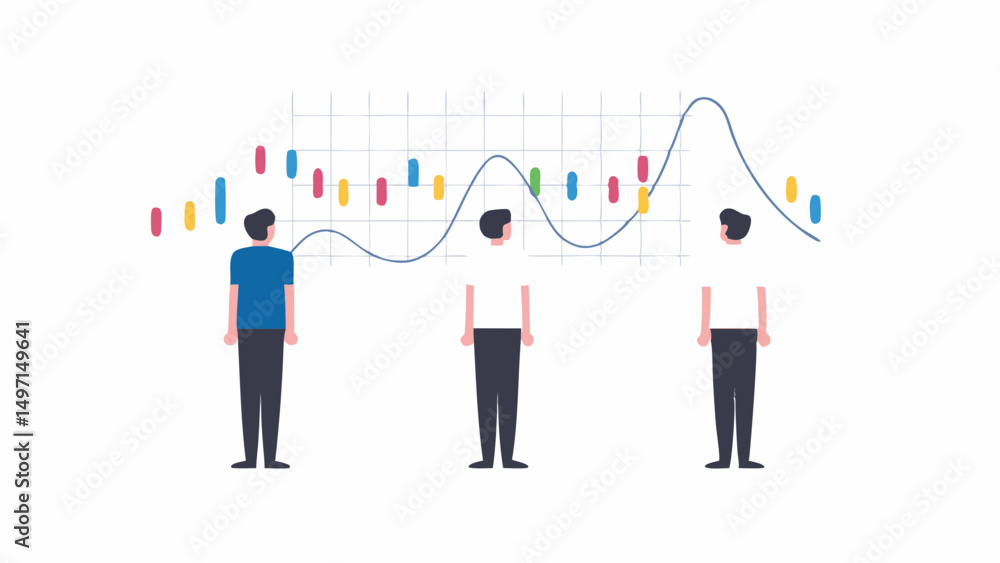 Poster three people stand in front of a stock market chart with colorful candlesticks and a wavy line graph