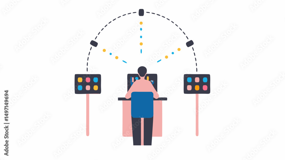 Aufkleber person at desk with computer and two screens connected by dotted lines and small shapes above head