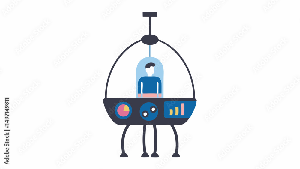 Poster illustration of a futuristic vehicle with a person inside and data displays on the front panel desig