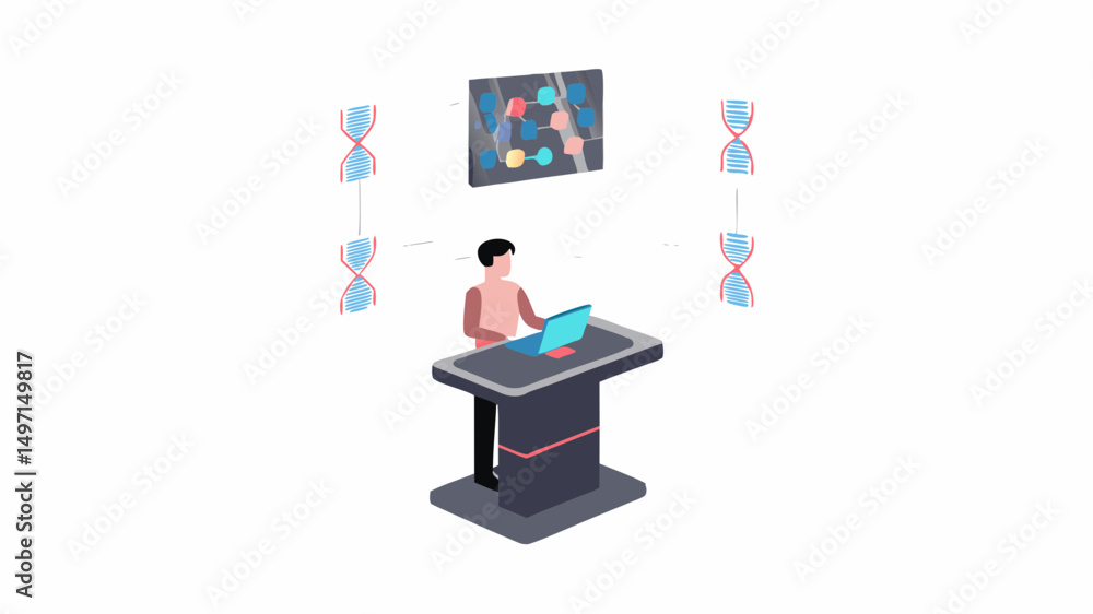 Poster a person using a laptop at a podium with dna strands and molecule diagram in the background scene vi