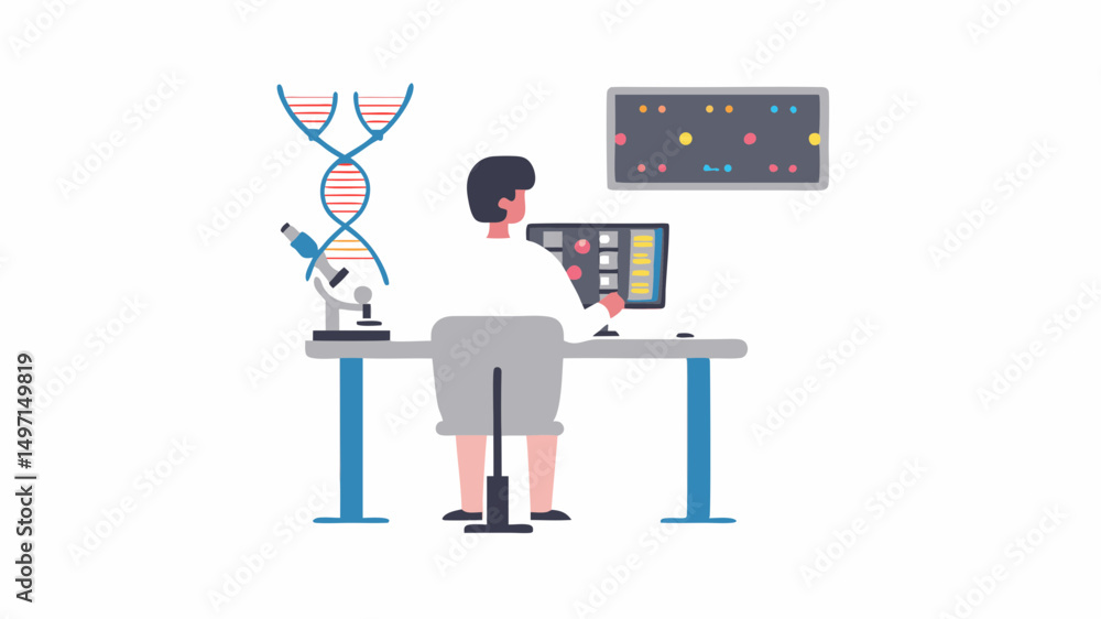 Poster illustration of researcher working at a desk with dna model microscope and data on the screen presen