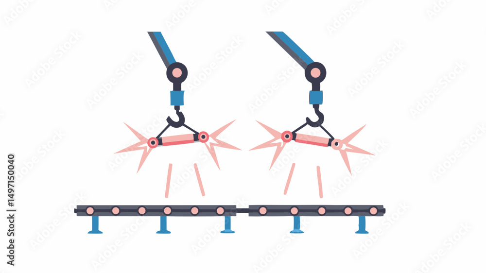 Poster two robotic arms welding components on a conveyor belt in a factory setting with sparks flying