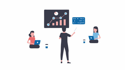 Illustration of a presentation with a graph and two people with laptops and coffee cups attending