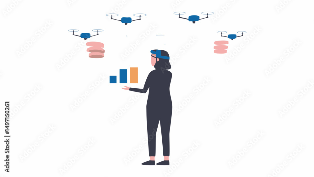 Poster woman standing in front of a bar graph with drones carrying stacks of pancakes in the background