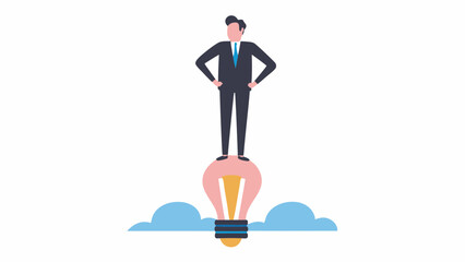 A man in a suit standing on a lightbulb with clouds in the background expressing a creative idea concept