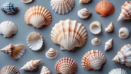 Collection of seashells in various sizes and colors arranged on a surface.
