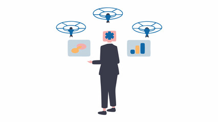 Business person with gear head presenting data with drones above in a white background illustration