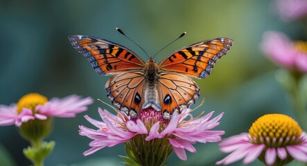 Naklejka premium Butterfly perched on a pink flower with other flowers in the background. Nature and insect scene. Macro photography of butterflies and flowers. The theme of wildlife and flora.