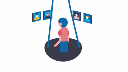 Person standing on a platform surrounded by framed portraits hanging from above in a gallery space