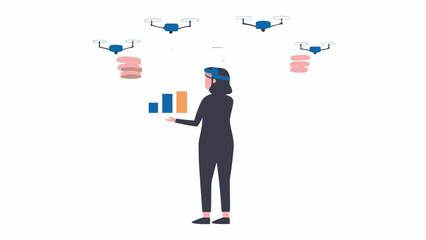 Woman standing in front of a bar graph with drones carrying stacks of pancakes in the background