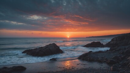 Obraz premium Sunset at the ocean with waves crashing on rocks and a dramatic sky, capturing a serene coastal scene during dusk.