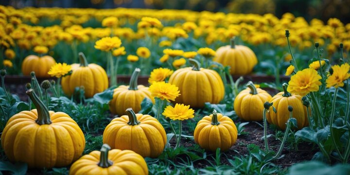 A field of pumpkins and yellow flowers, showcasing a vibrant autumn harvest scene with pumpkins and blooming flowers in a garden setting.
