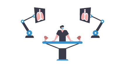 Medical professional examining lung x rays on monitors with surgical lights in a sterile environment