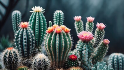 A variety of cacti with colorful blossoms in a desert scene.