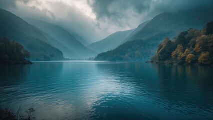 Obraz premium Serene mountain lake landscape with misty mountains and calm water. Nature scenery, tranquil environment, and scenic view of the mountains and lake.
