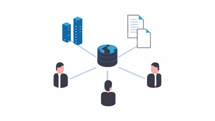 Isometric view of a database connected to people servers and documents in a network environment